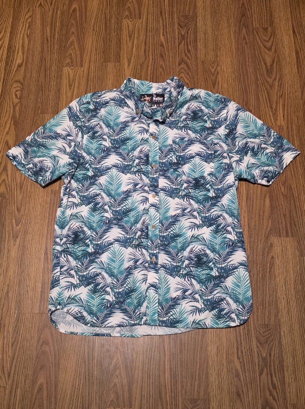 The Nutter Mens XL Hawaiian Shirt Tropical Leaf Print Camp Collar Aloha USA Made
